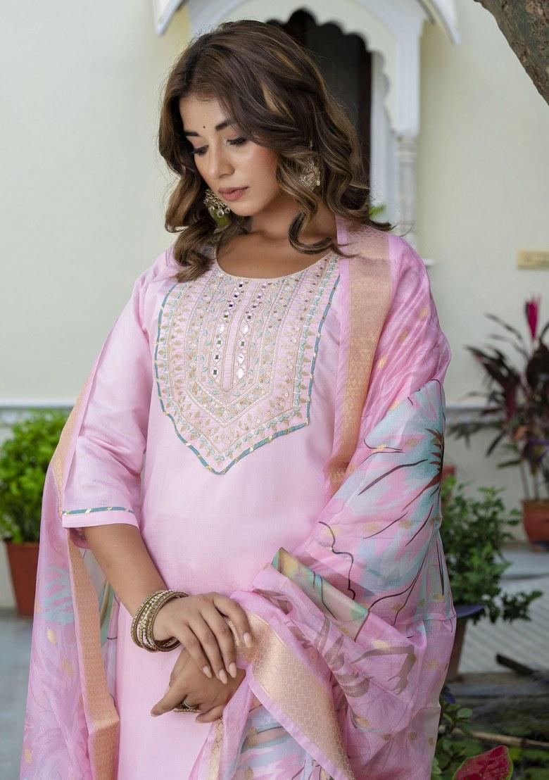 Pink Embroidered Silk Salwar Kameez With Dupatta