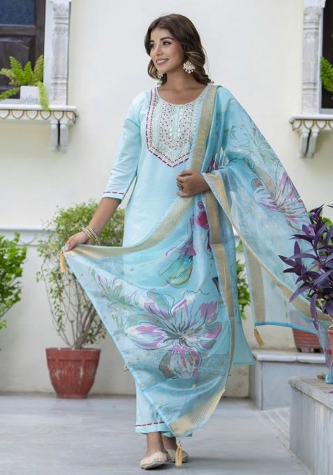 Sea Green Embroidered Silk Salwar Kameez With Dupatta
