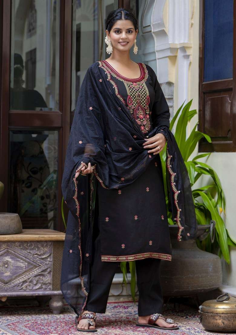 Black Embroidered Silk Straight Kurta Set - Indya