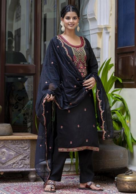 Black Embroidered Silk Salwar Kameez With Dupatta