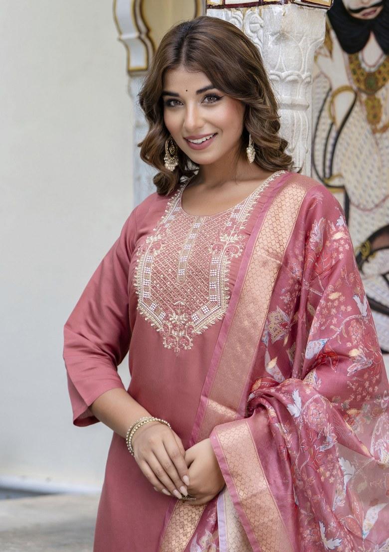 Red Embroidered Silk Salwar Kameez With Dupatta