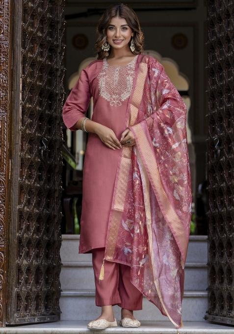 Red Embroidered Silk Salwar Kameez With Dupatta