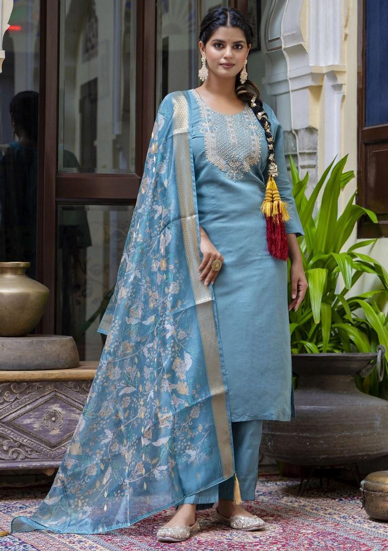 Teal Blue Embroidered Silk Salwar Kameez With Dupatta