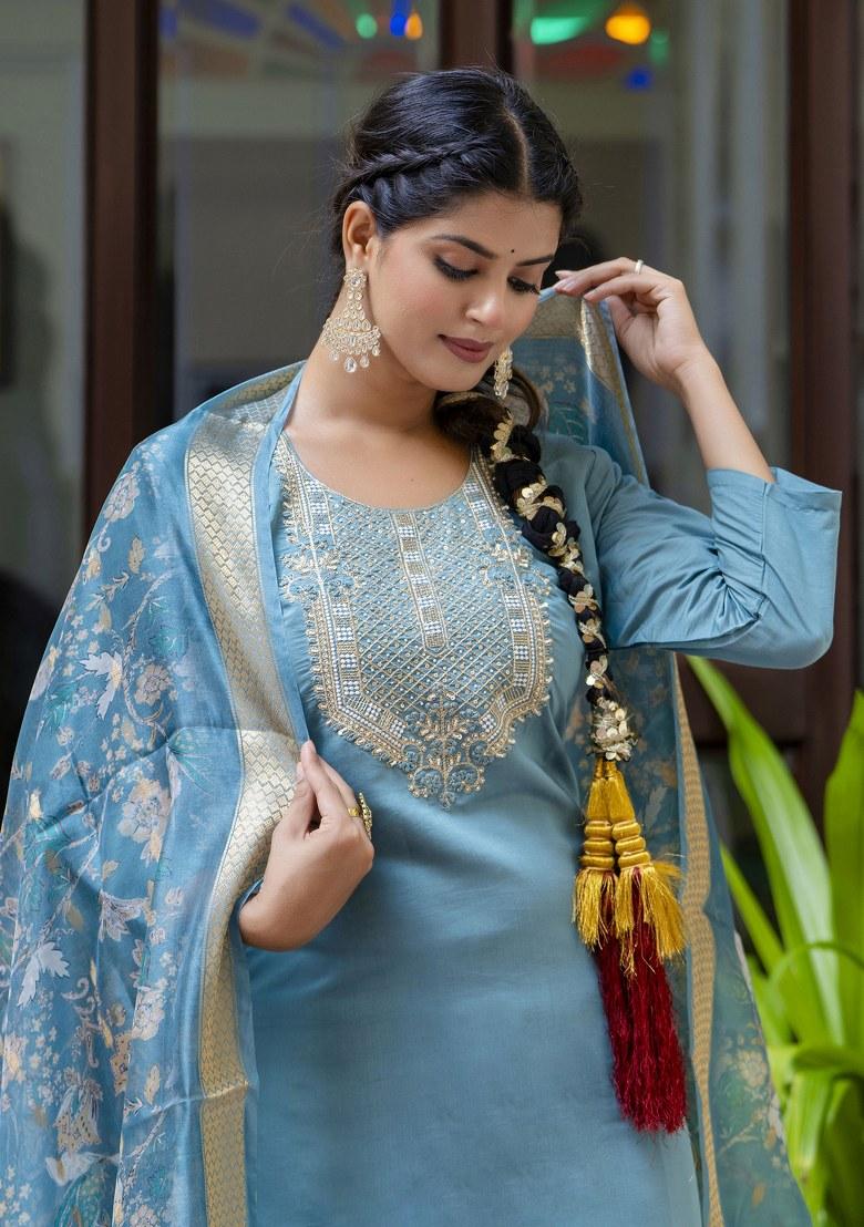 Teal Blue Embroidered Silk Salwar Kameez With Dupatta