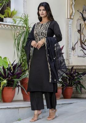 Black Embroidered Silk Salwar Kameez With Dupatta