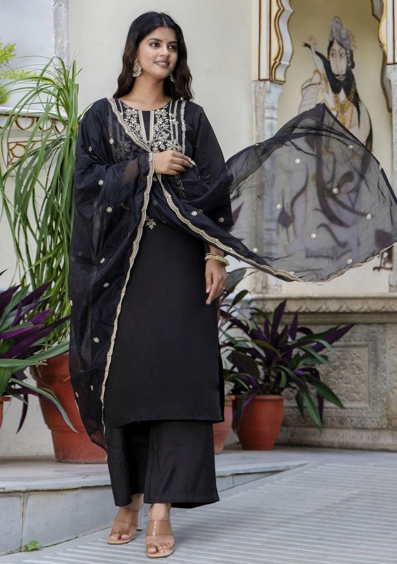 Black Embroidered Silk Salwar Kameez With Dupatta