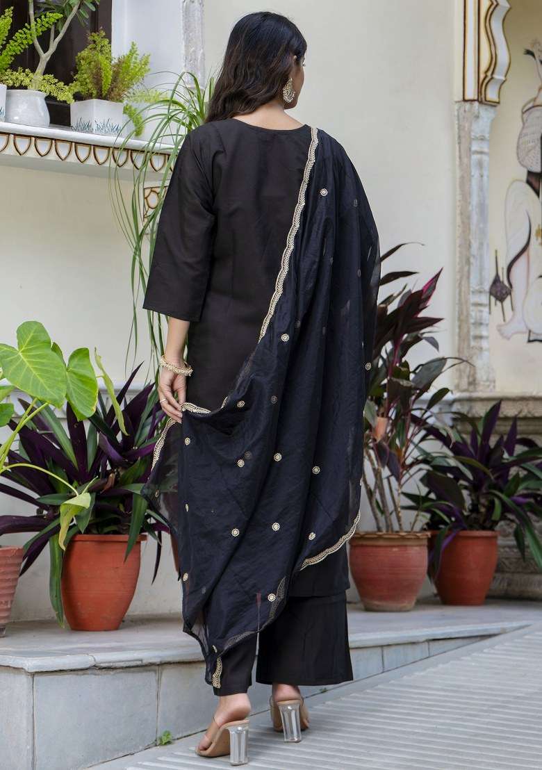 Black Embroidered Silk Straight Kurta Set - Indya