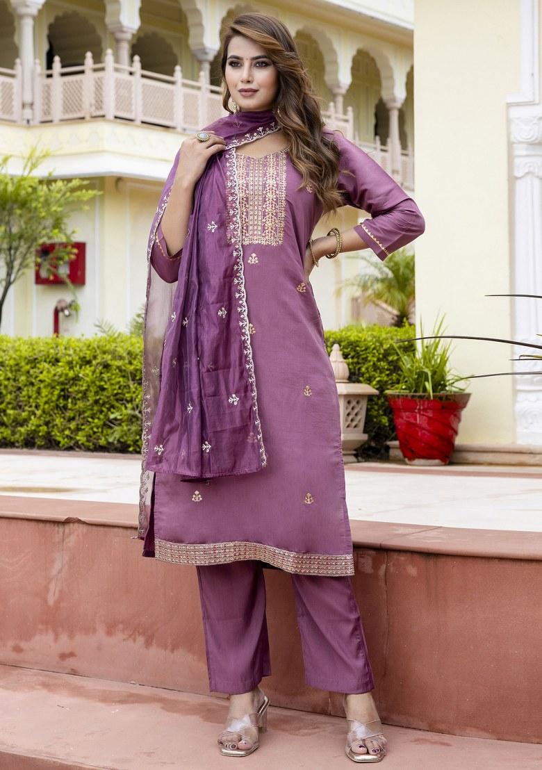 Lavender Embroidered Silk Salwar Kameez With Dupatta