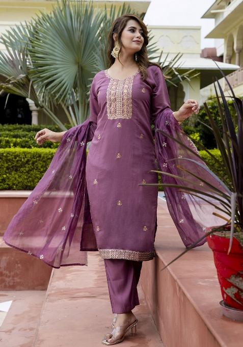 Lavender Embroidered Silk Salwar Kameez With Dupatta