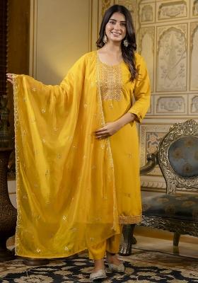 Mustard Yellow Embroidered Silk Salwar Kameez With Dupatta