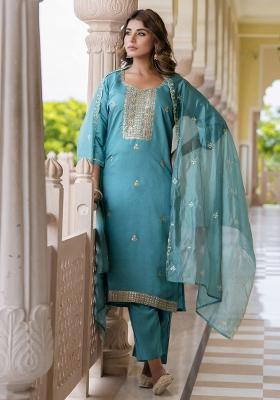Teal Blue Embroidered Silk Salwar Kameez With Dupatta