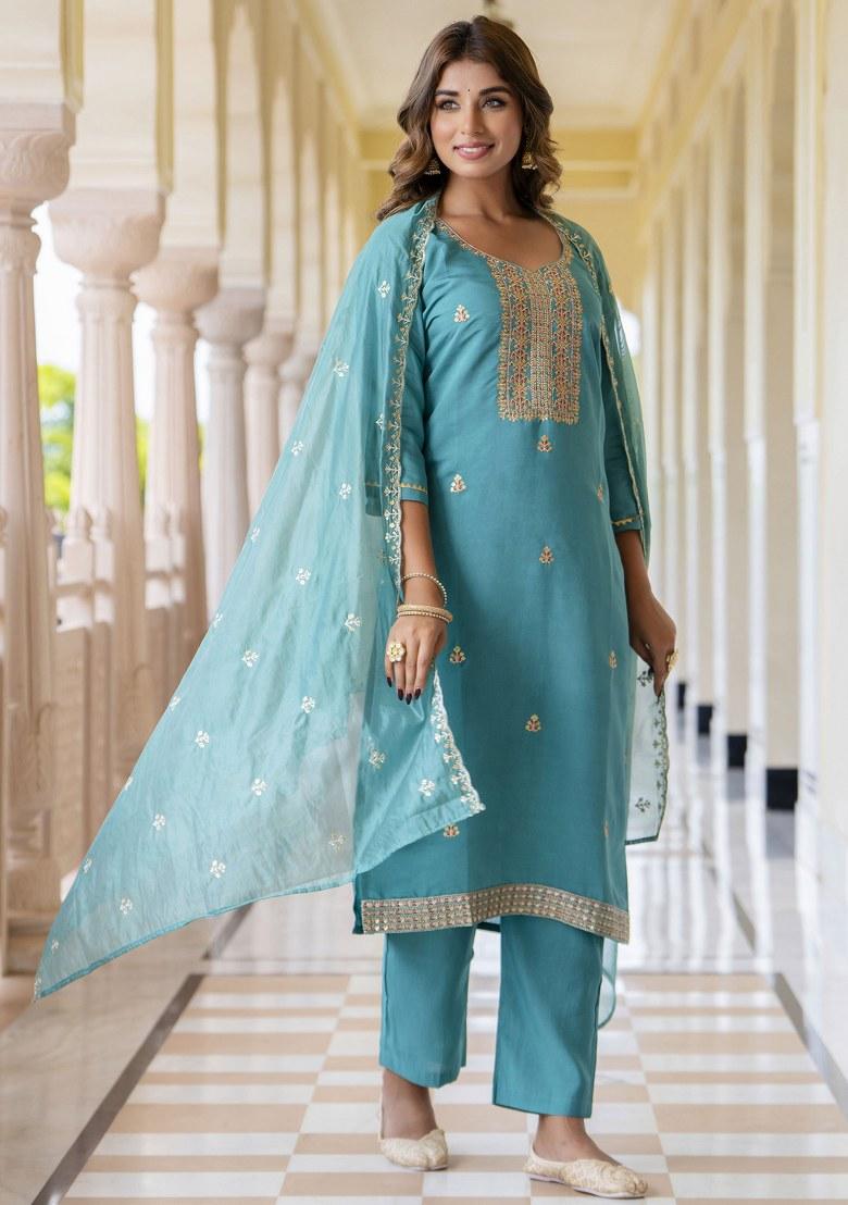 Teal Blue Embroidered Silk Salwar Kameez With Dupatta