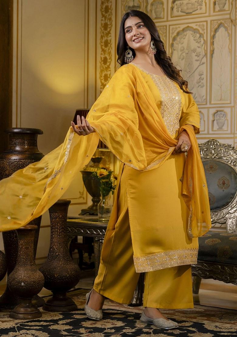 Mustard Yellow Embroidered Silk Salwar Kameez With Dupatta