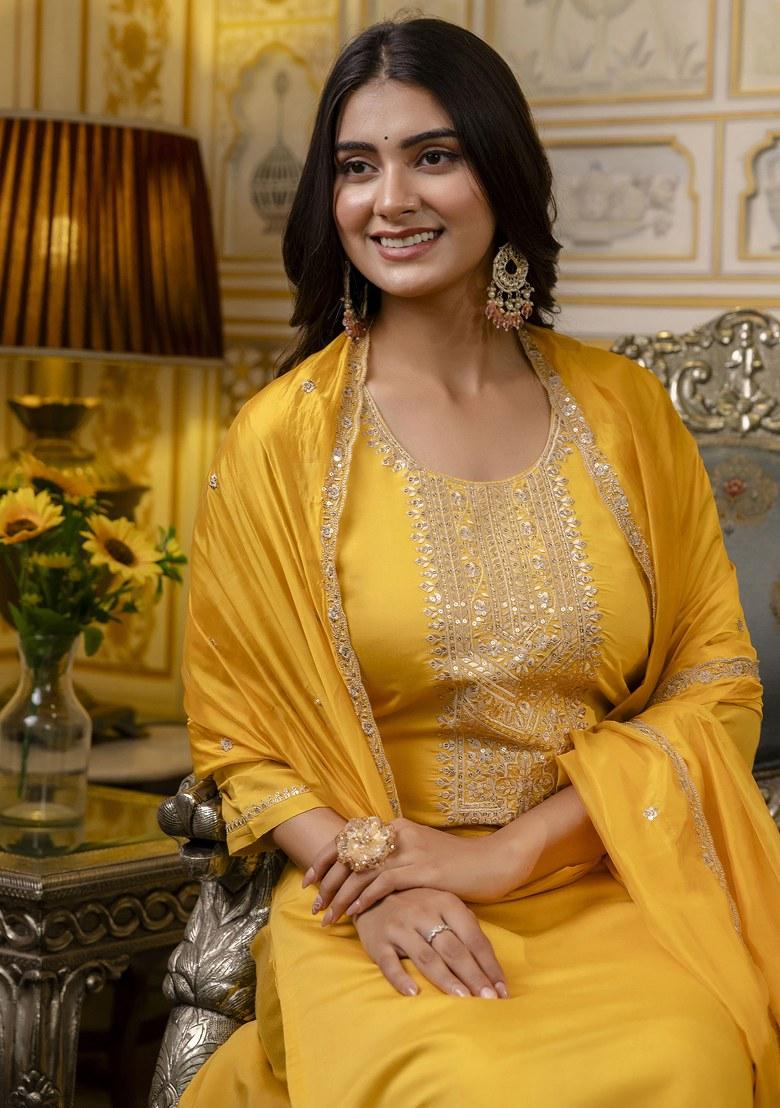 Mustard Yellow Embroidered Silk Salwar Kameez With Dupatta