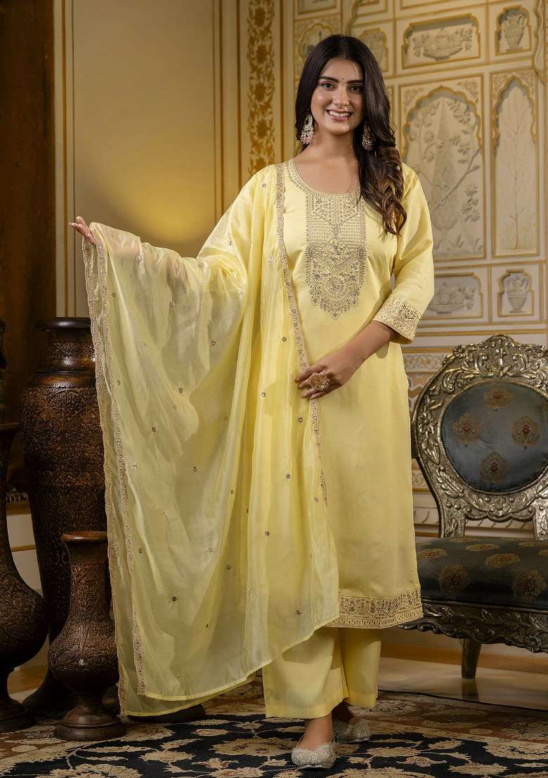 Yellow Embroidered Silk Straight Kurta Set - Indya