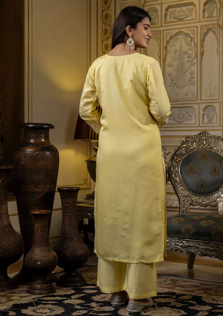Yellow Embroidered Silk Straight Kurta Set - Indya
