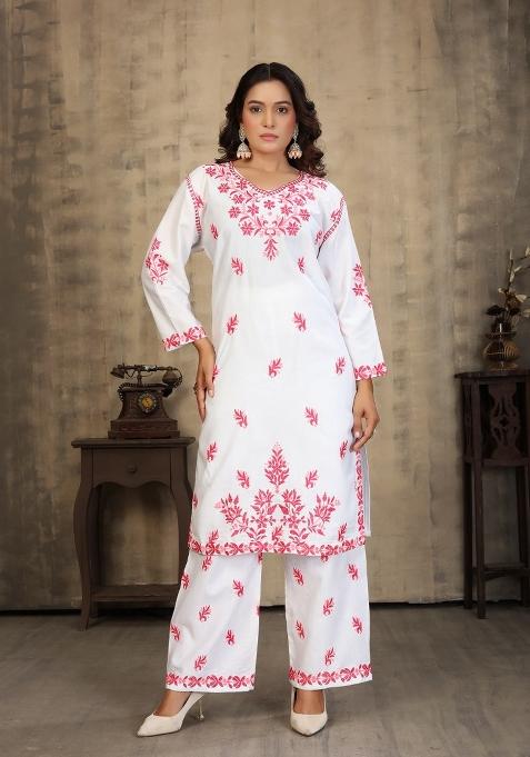 White Embroidered Rayon Salwar Kameez