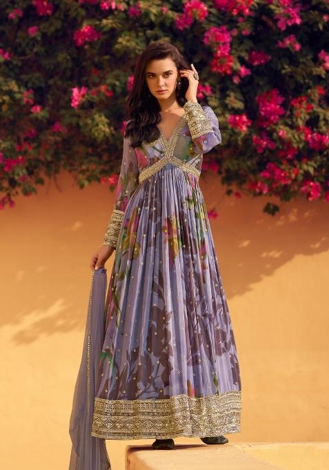 Purple Embroidered Art Silk Anarkali Set With Dupatta