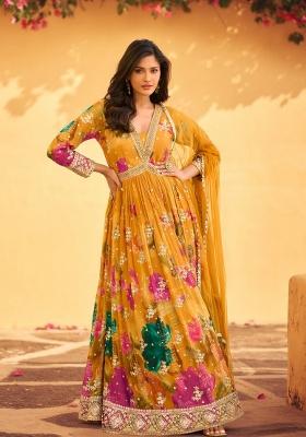 Yellow Embroidered Art Silk Anarkali Set With Dupatta