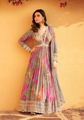 Grey Embroidered Art Silk Anarkali Set With Dupatta
