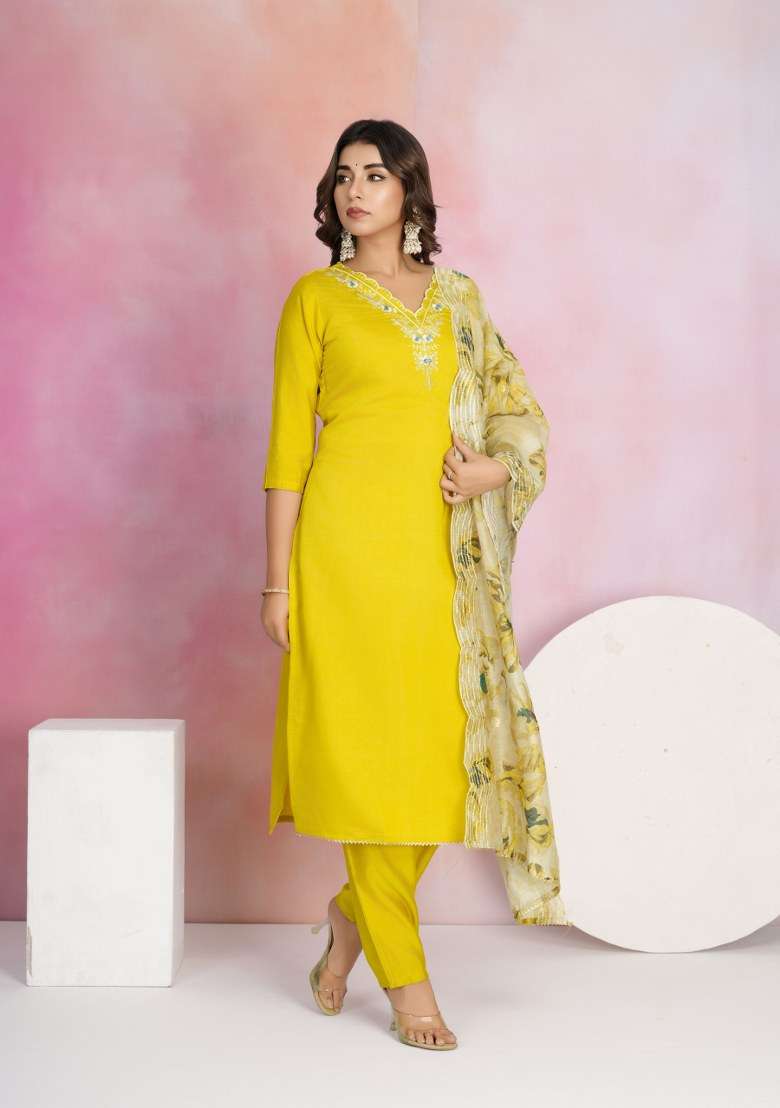 Yellow Embroidered Chanderi Salwar Kameez With Dupatta - Indya
