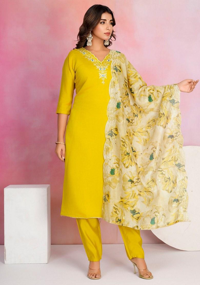 Yellow Embroidered Chanderi Salwar Kameez With Dupatta