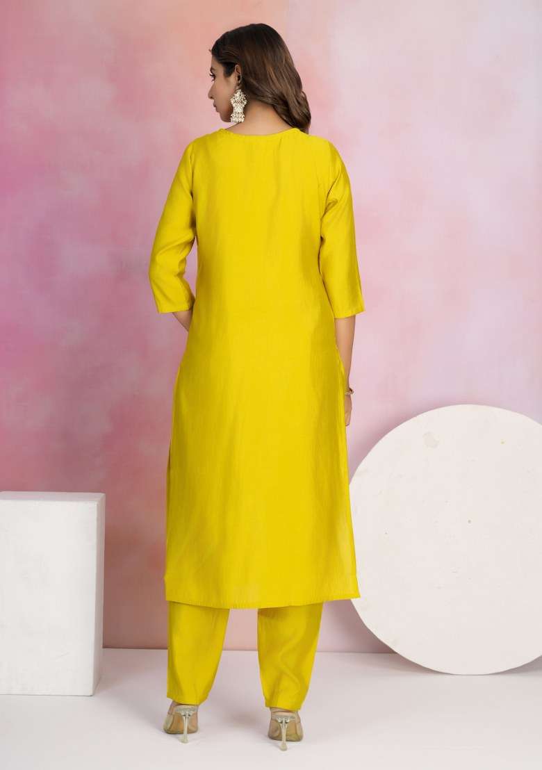 Yellow Embroidered Chanderi Salwar Kameez With Dupatta - Indya