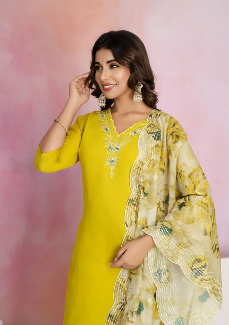 Yellow Embroidered Chanderi Salwar Kameez With Dupatta