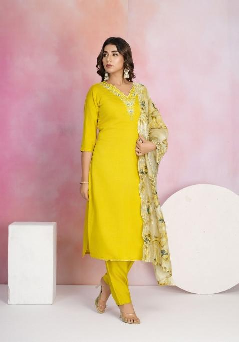 Yellow Embroidered Chanderi Salwar Kameez With Dupatta