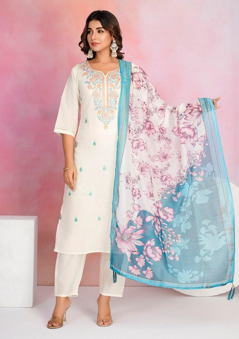 Off White Embroidered Chanderi Salwar Kameez With Dupatta