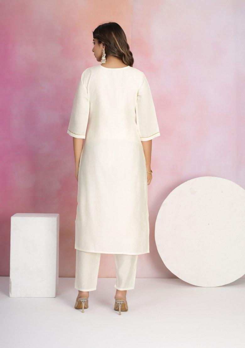 Off White Embroidered Chanderi Salwar Kameez With Dupatta