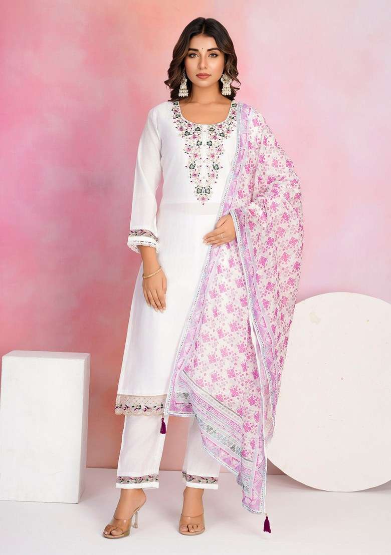 White Embroidered Chanderi Salwar Kameez With Dupatta - Indya