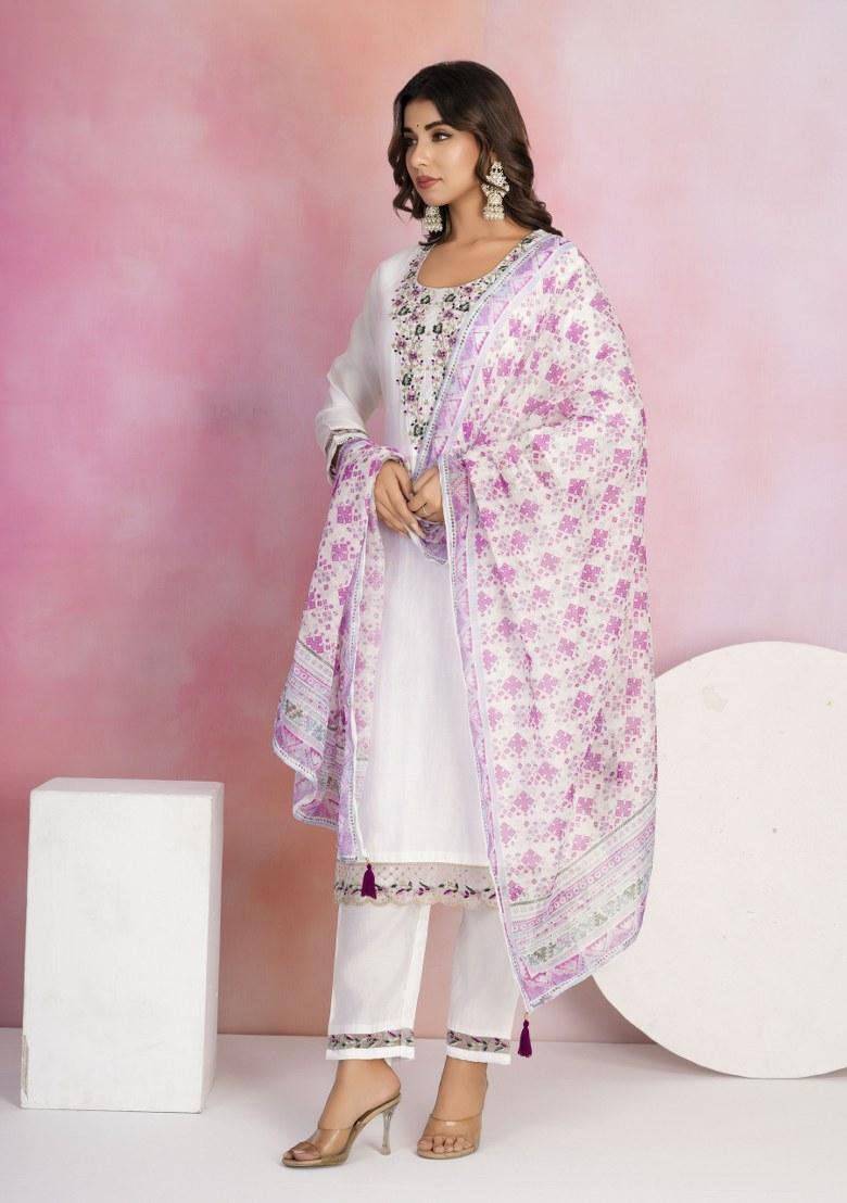 White Embroidered Chanderi Salwar Kameez With Dupatta