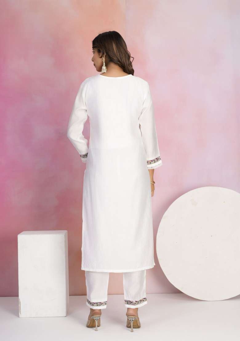 White Embroidered Chanderi Salwar Kameez With Dupatta - Indya