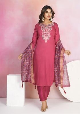Red Embroidered Chanderi Salwar Kameez With Dupatta