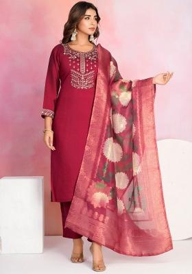 Maroon Embroidered Chanderi Salwar Kameez With Dupatta