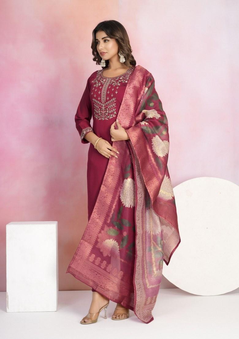 Maroon Embroidered Chanderi Salwar Kameez With Dupatta