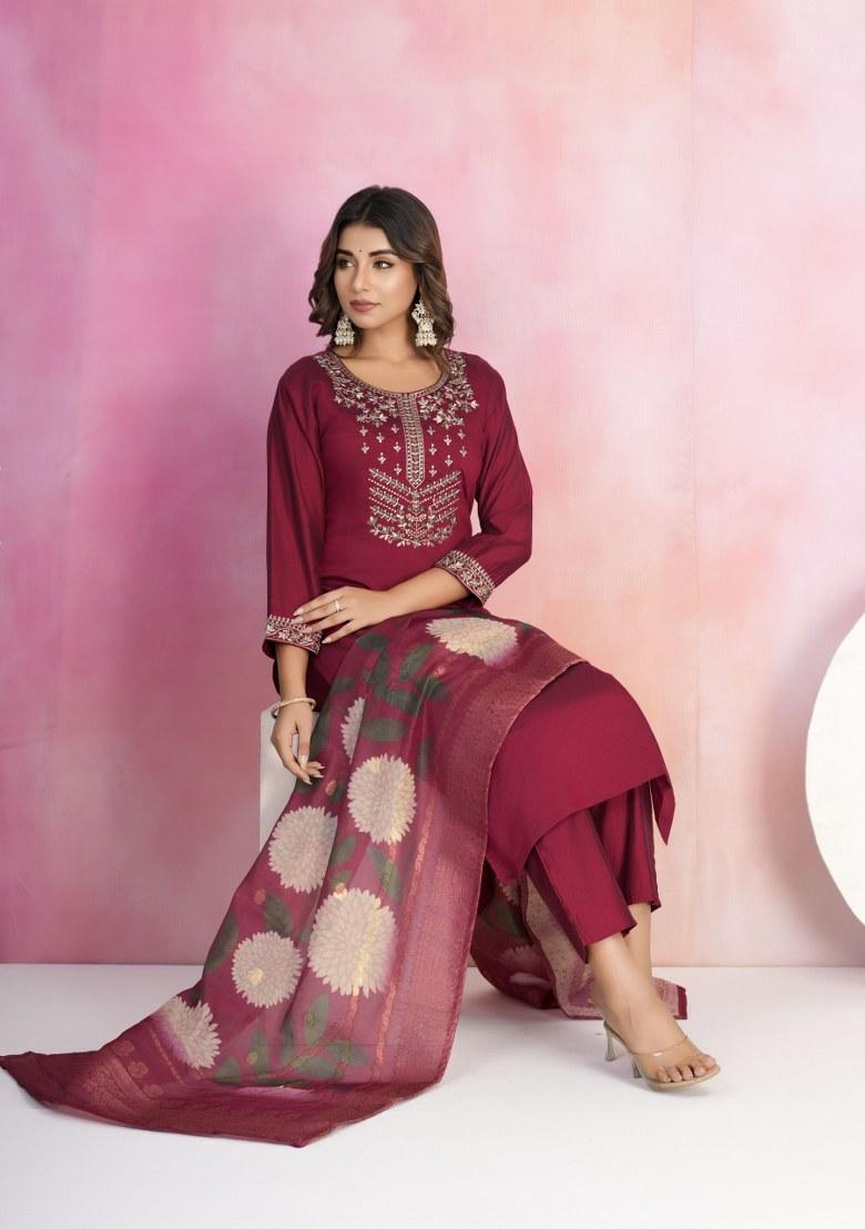 Maroon Embroidered Chanderi Salwar Kameez With Dupatta