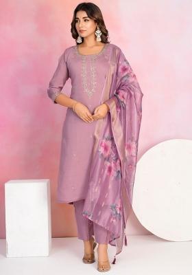 Purple Embroidered Chanderi Salwar Kameez With Dupatta
