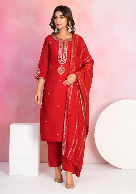 Red Embroidered Chanderi Salwar Kameez With Dupatta