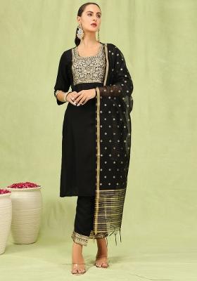 Black Embroidered Cotton Salwar Kameez With Dupatta
