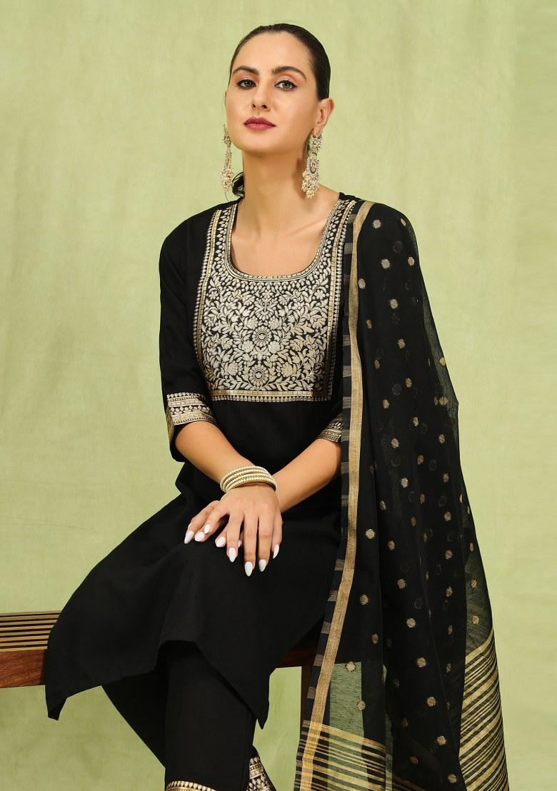Black Embroidered Cotton Salwar Kameez With Dupatta