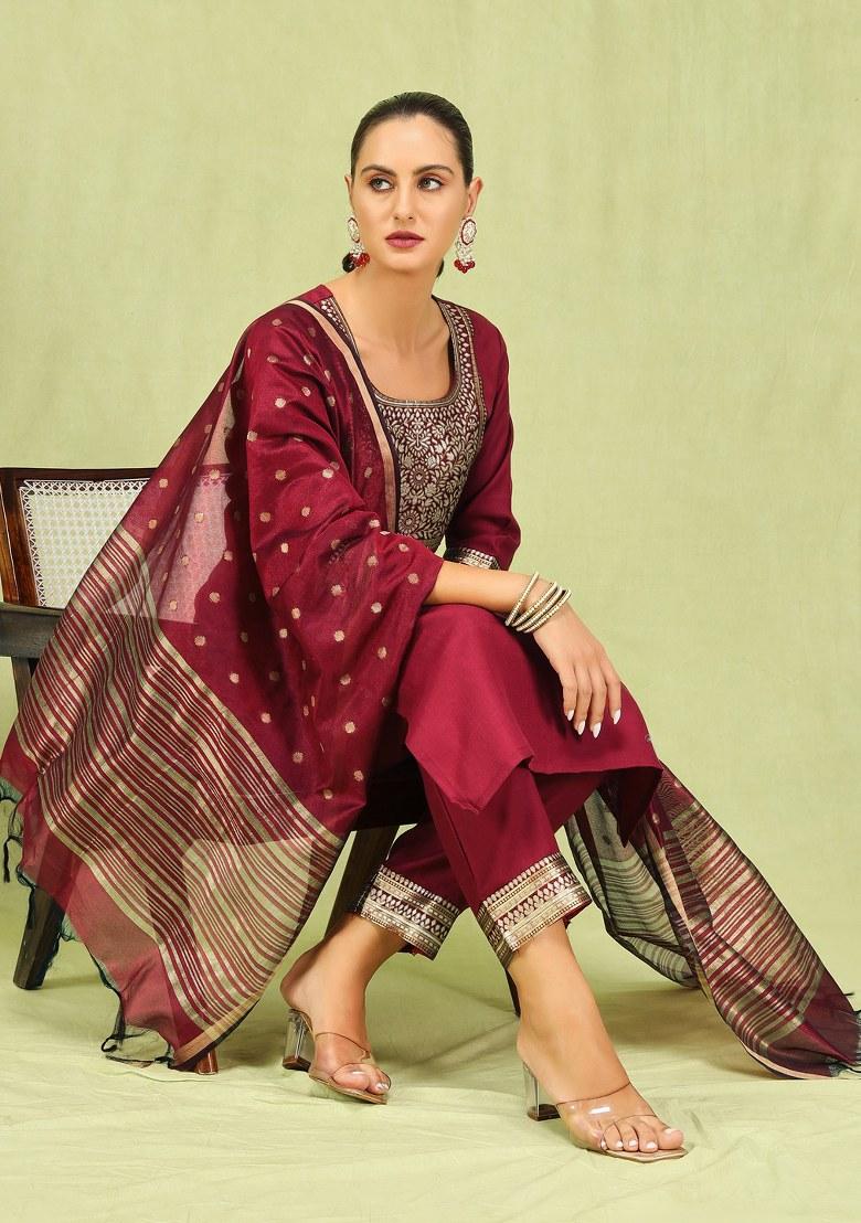 Maroon Embroidered Cotton Salwar Kameez With Dupatta