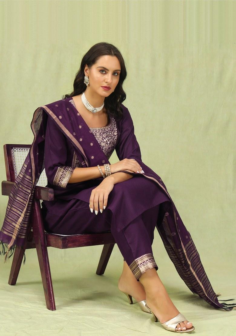 Purple Embroidered Cotton Salwar Kameez With Dupatta