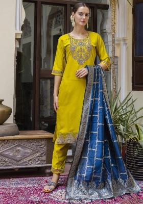 Yellow Embroidered Viscose Salwar Kameez With Dupatta