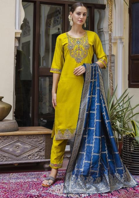 Yellow Embroidered Viscose Salwar Kameez With Dupatta