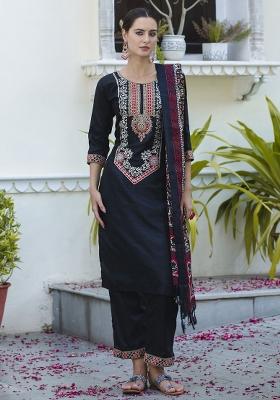 Black Embroidered Silk Salwar Kameez With Dupatta
