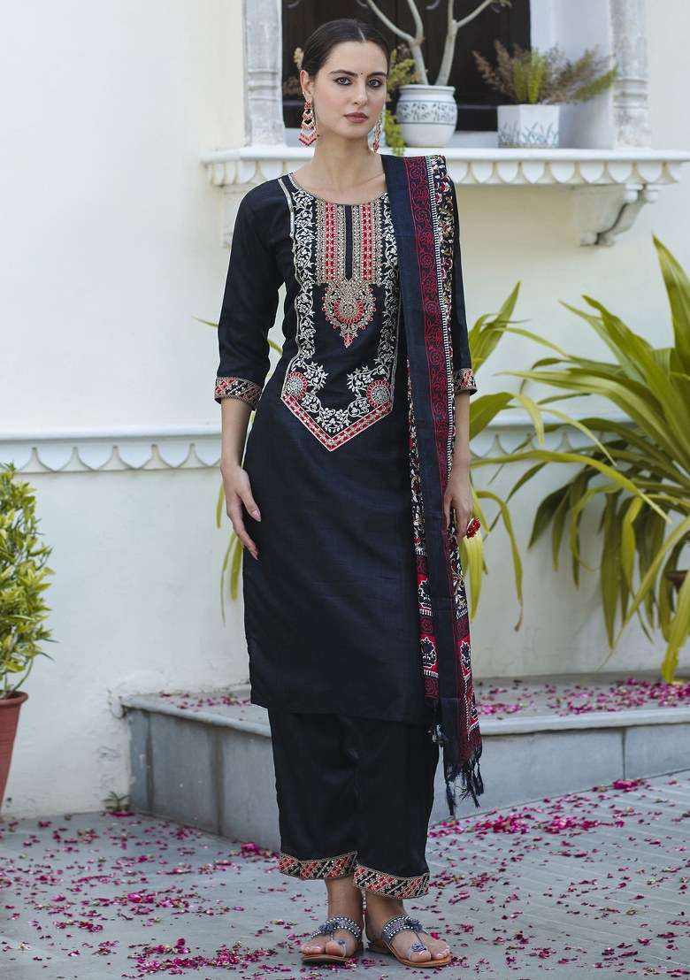 Black Embroidered Silk Straight Kurta Set - Indya