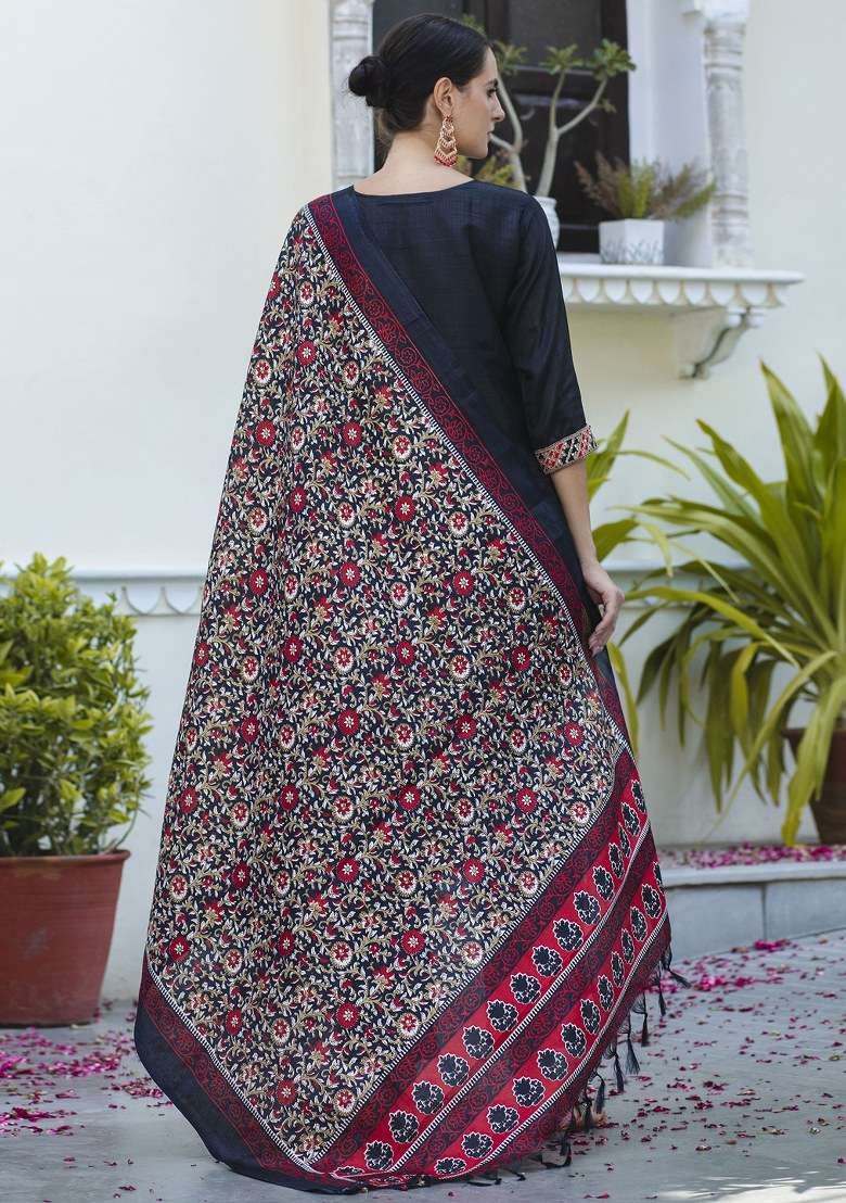Black Embroidered Silk Straight Kurta Set - Indya