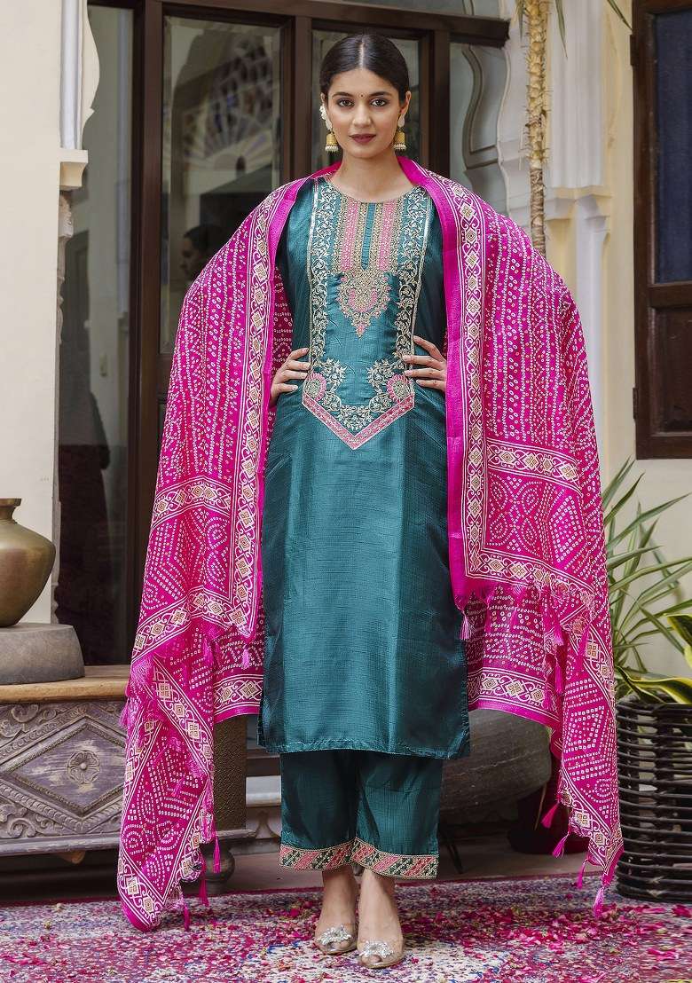 Green Embroidered Silk Straight Kurta Set - Indya